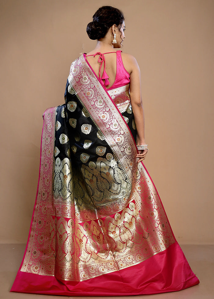 Black Banarasi Silk Saree With Blouse Piece - Indian Silk House Agencies