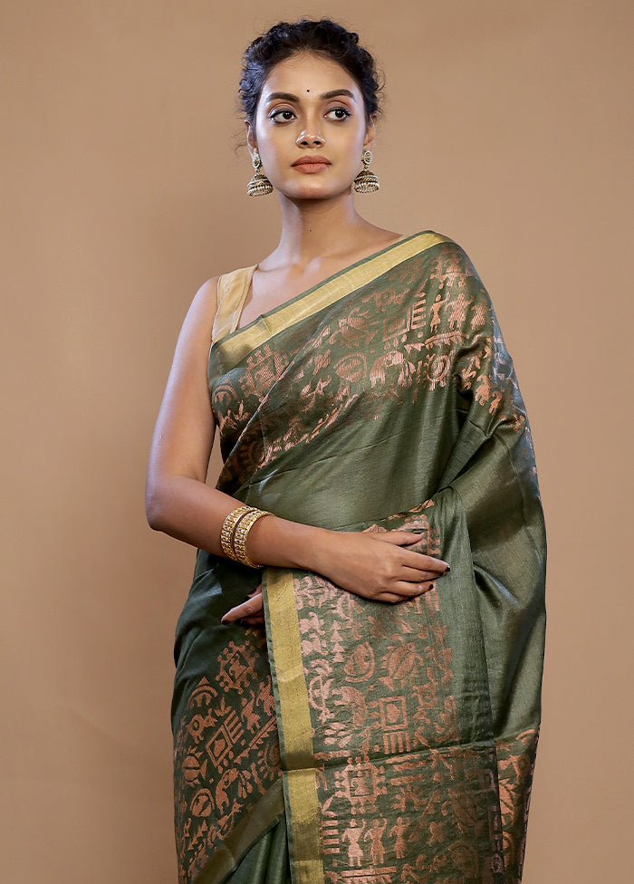 Green Tussar Pure Silk Saree With Blouse Piece - Indian Silk House Agencies