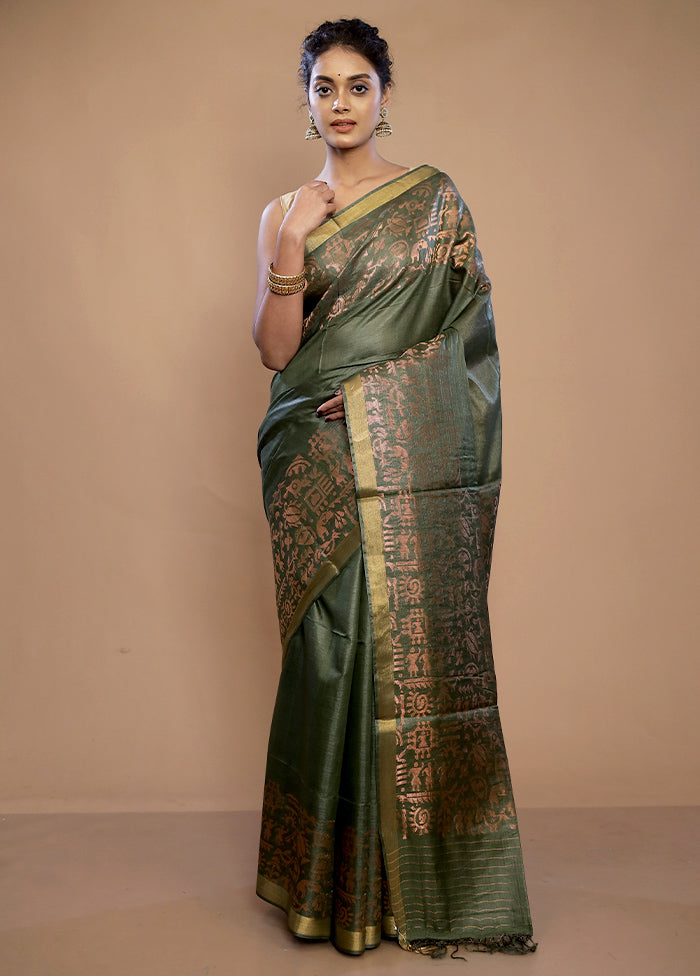 Green Tussar Pure Silk Saree With Blouse Piece - Indian Silk House Agencies