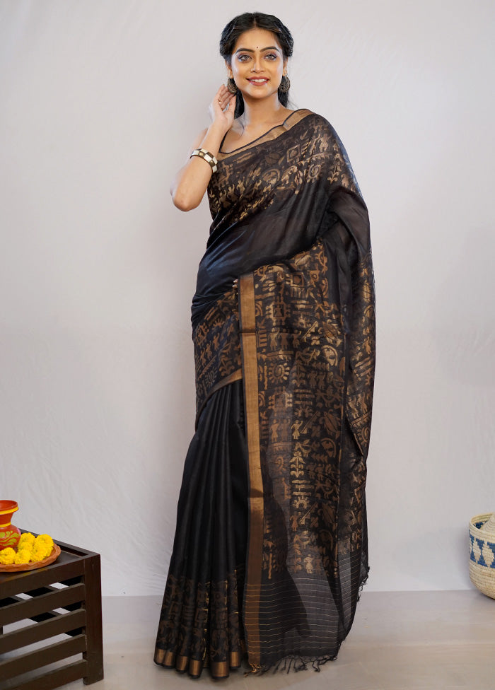 Black Tussar Pure Silk Saree With Blouse Piece - Indian Silk House Agencies