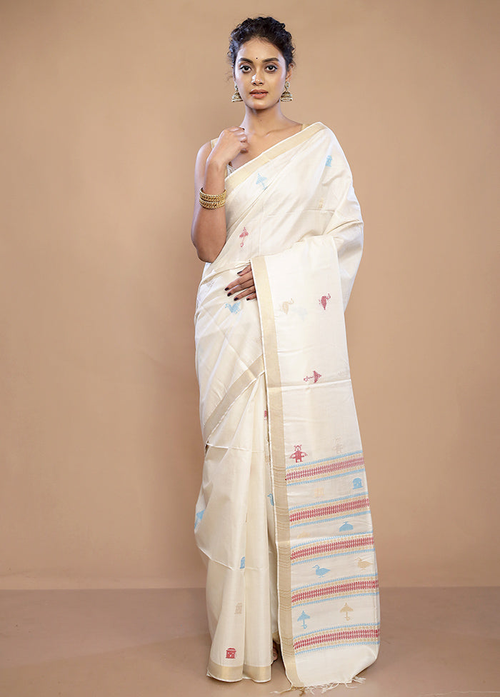 White Tussar Pure Silk Saree With Blouse Piece - Indian Silk House Agencies