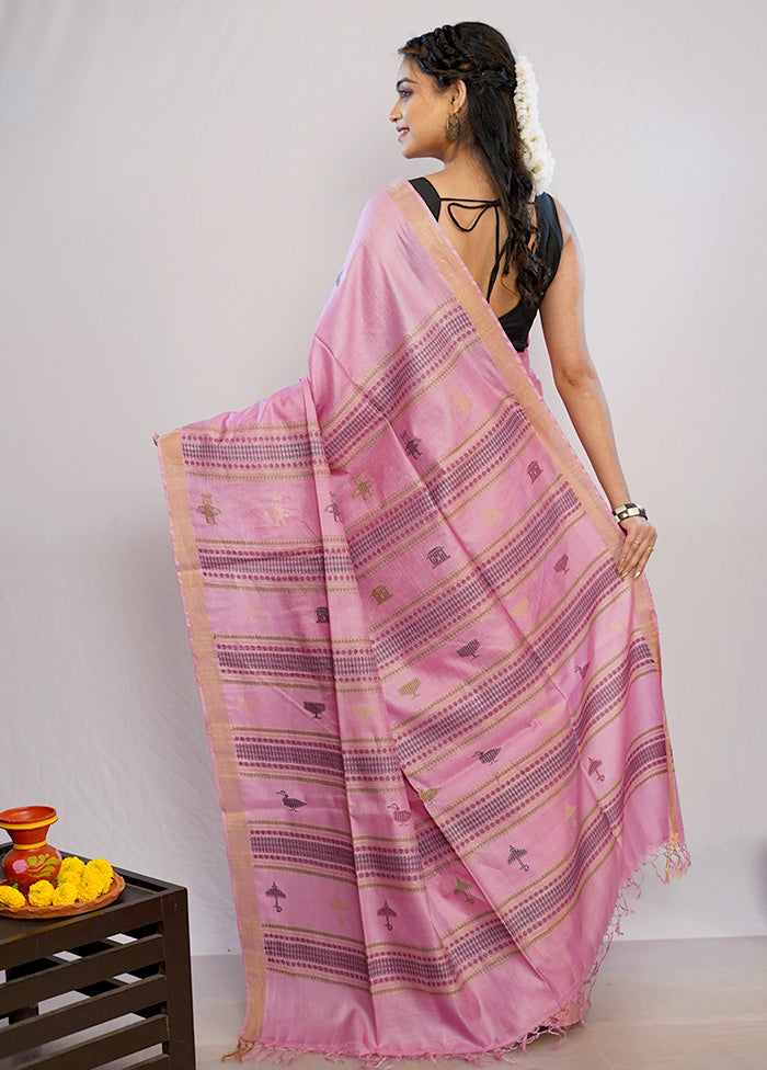 Pink Tussar Pure Silk Saree With Blouse Piece - Indian Silk House Agencies