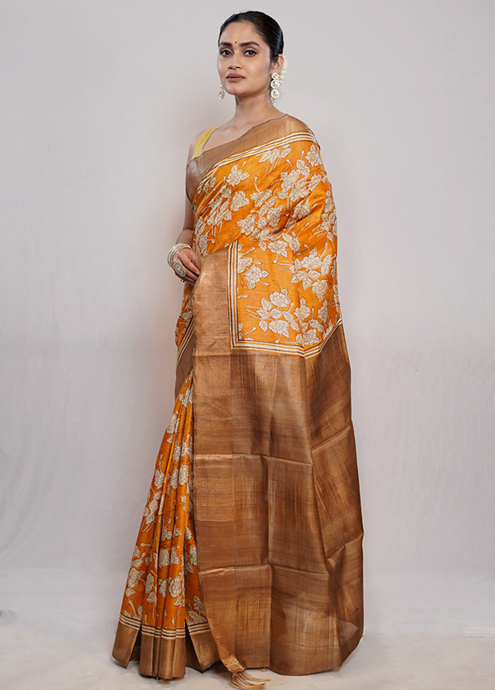 Orange Tussar Pure Silk Saree With Blouse Piece - Indian Silk House Agencies