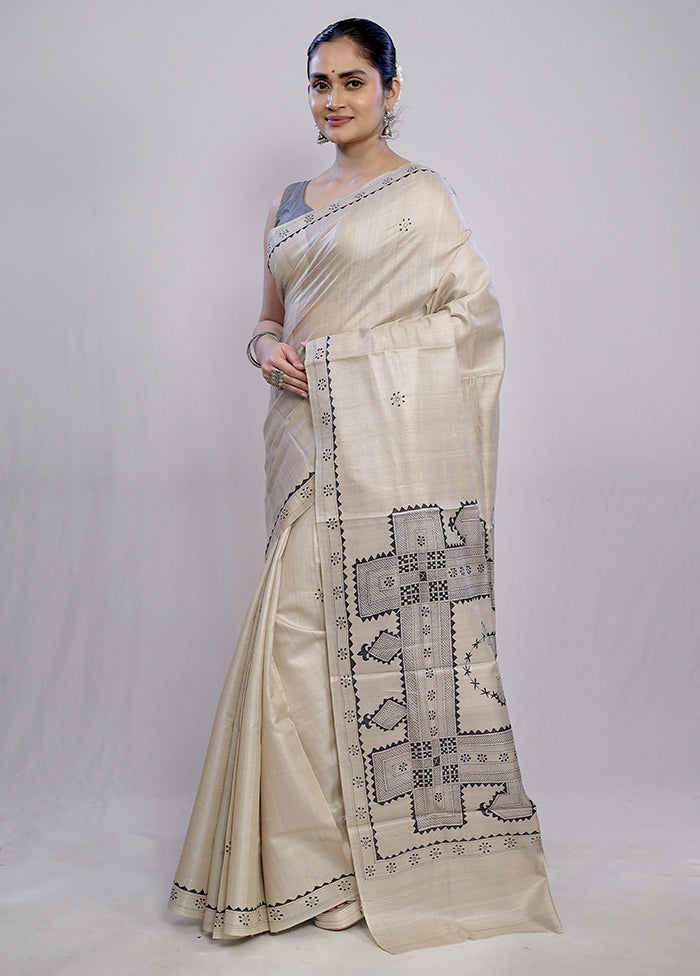 Cream Tussar Pure Silk Saree With Blouse Piece - Indian Silk House Agencies