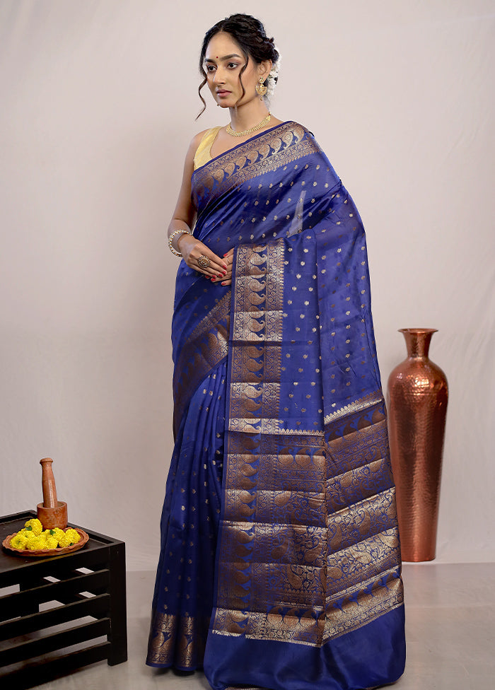 Blue Katan Silk Saree With Blouse Piece - Indian Silk House Agencies