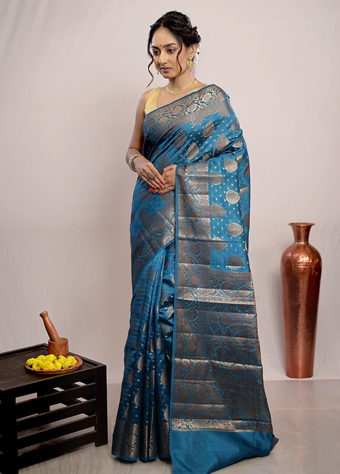 Blue Katan Silk Saree With Blouse Piece - Indian Silk House Agencies