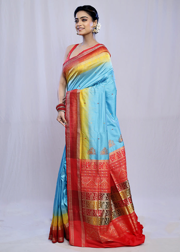 Blue Bomkai Pure Silk Saree With Blouse Piece - Indian Silk House Agencies