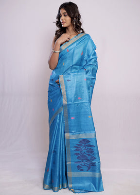 Blue Tussar Pure Silk Saree With Blouse Piece - Indian Silk House Agencies