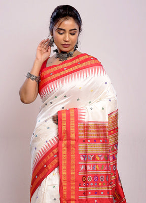 White Bomkai Pure Silk Saree With Blouse Piece - Indian Silk House Agencies