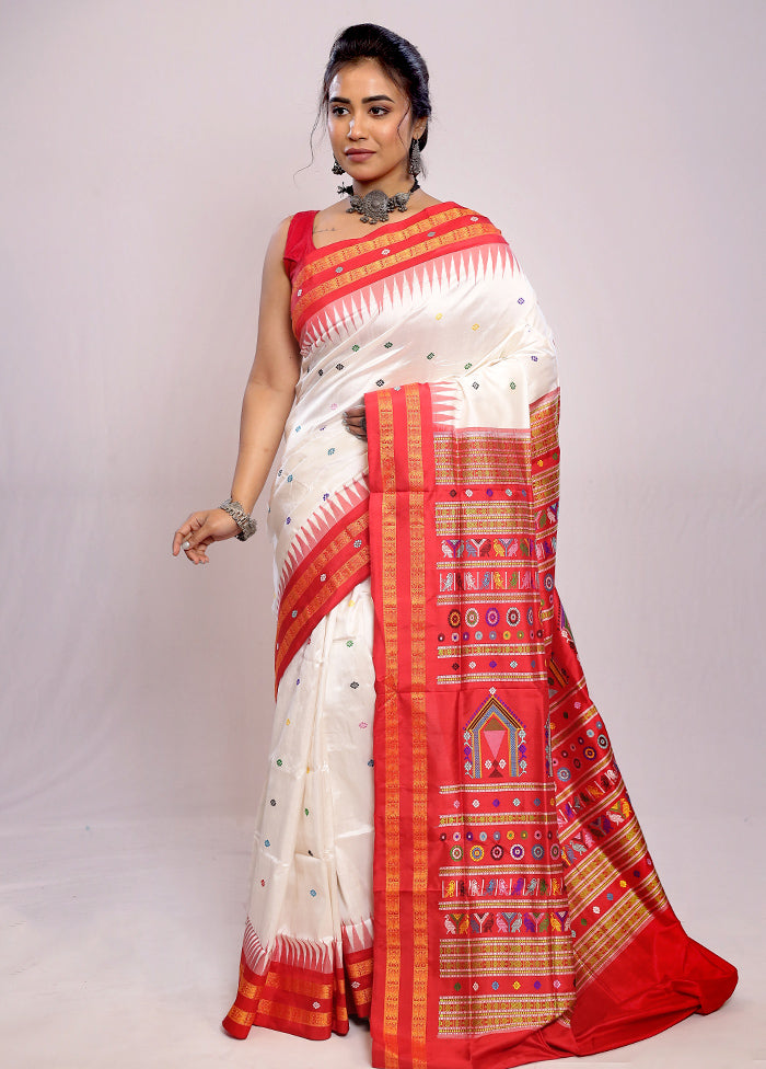 White Bomkai Pure Silk Saree With Blouse Piece - Indian Silk House Agencies