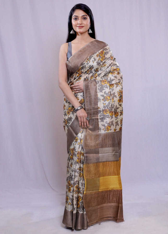 Cream Tussar Silk Saree With Blouse Piece - Indian Silk House Agencies