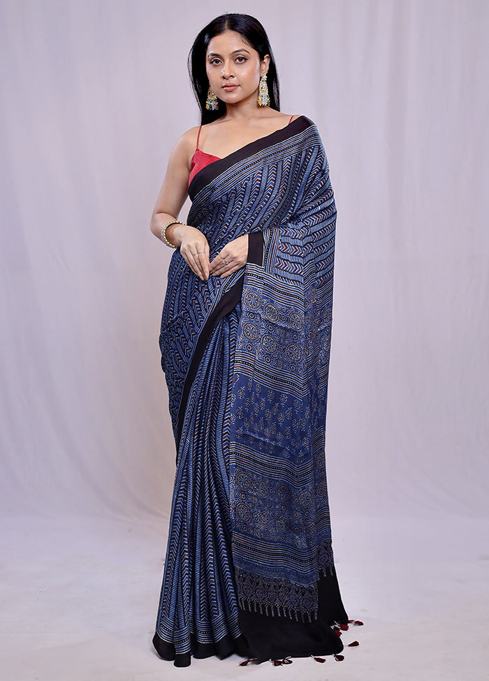 Blue Printed Pure Silk Saree With Blouse Piece - Indian Silk House Agencies