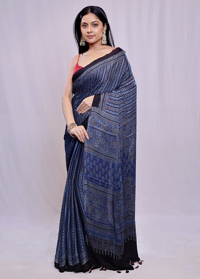 Blue Printed Pure Silk Saree With Blouse Piece - Indian Silk House Agencies