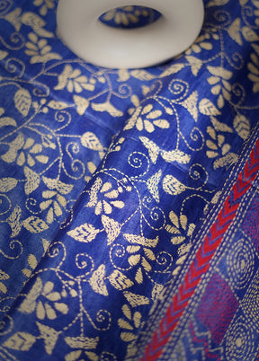 Blue Kantha Stitch Pure Silk Saree With Blouse Piece - Indian Silk House Agencies