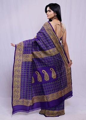 Blue Printed Pure Silk Saree With Blouse Piece - Indian Silk House Agencies