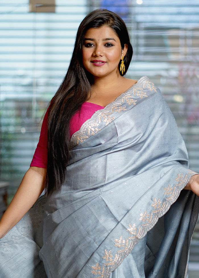 Grey Pure Organza Saree With Blouse Piece - Indian Silk House Agencies