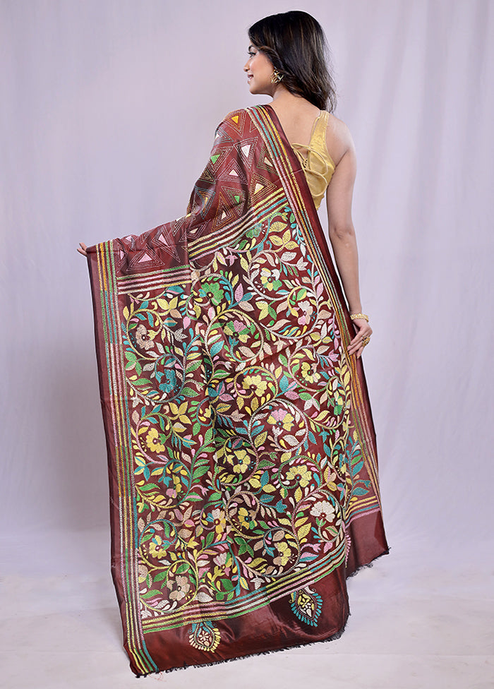 Maroon Kantha Stitch Silk Saree With Blouse Piece - Indian Silk House Agencies