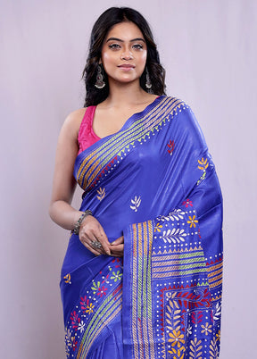 Blue Kantha Stitch Silk Saree With Blouse Piece - Indian Silk House Agencies