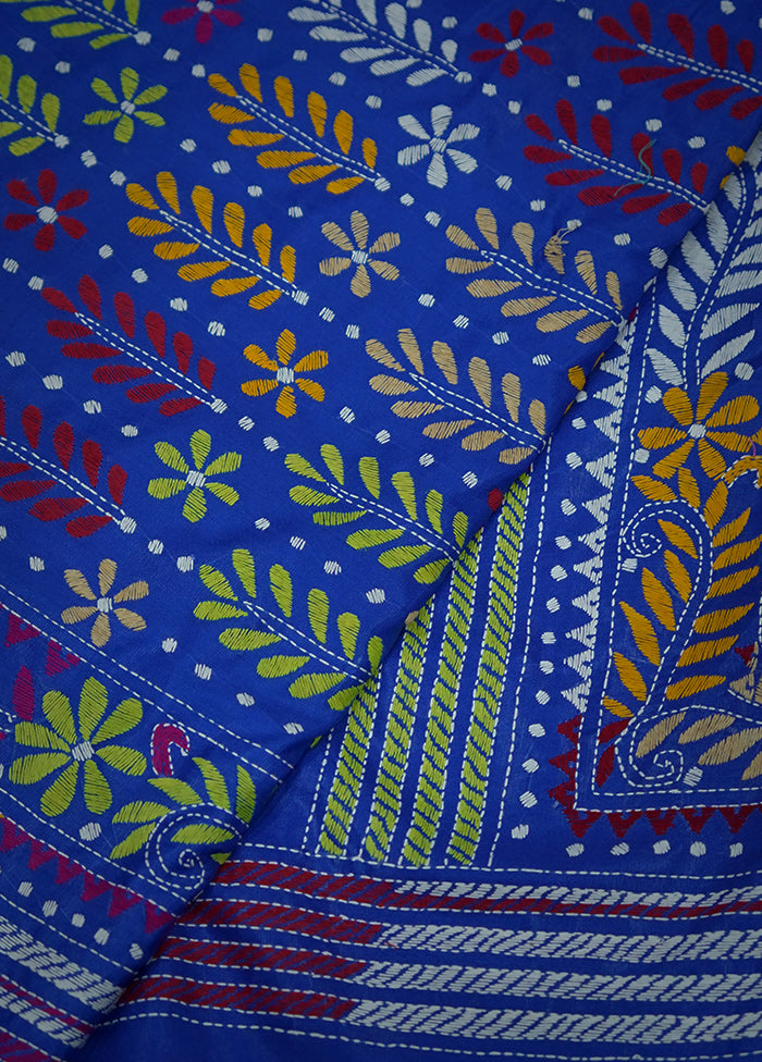 Blue Kantha Stitch Silk Saree With Blouse Piece - Indian Silk House Agencies