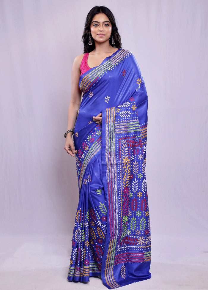 Blue Kantha Stitch Silk Saree With Blouse Piece - Indian Silk House Agencies