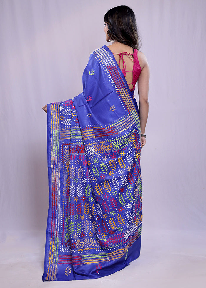 Blue Kantha Stitch Silk Saree With Blouse Piece - Indian Silk House Agencies