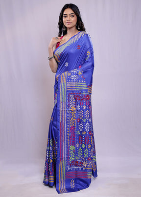 Blue Kantha Stitch Silk Saree With Blouse Piece - Indian Silk House Agencies