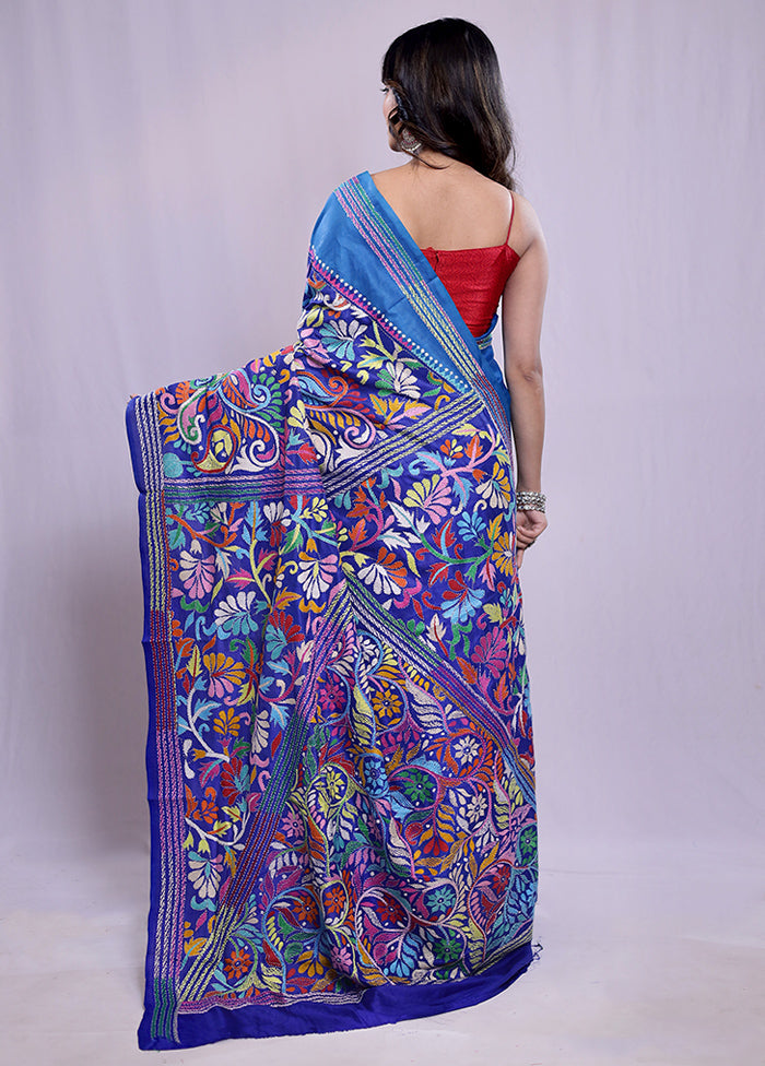 Blue Kantha Stitch Pure Silk Saree With Blouse Piece - Indian Silk House Agencies