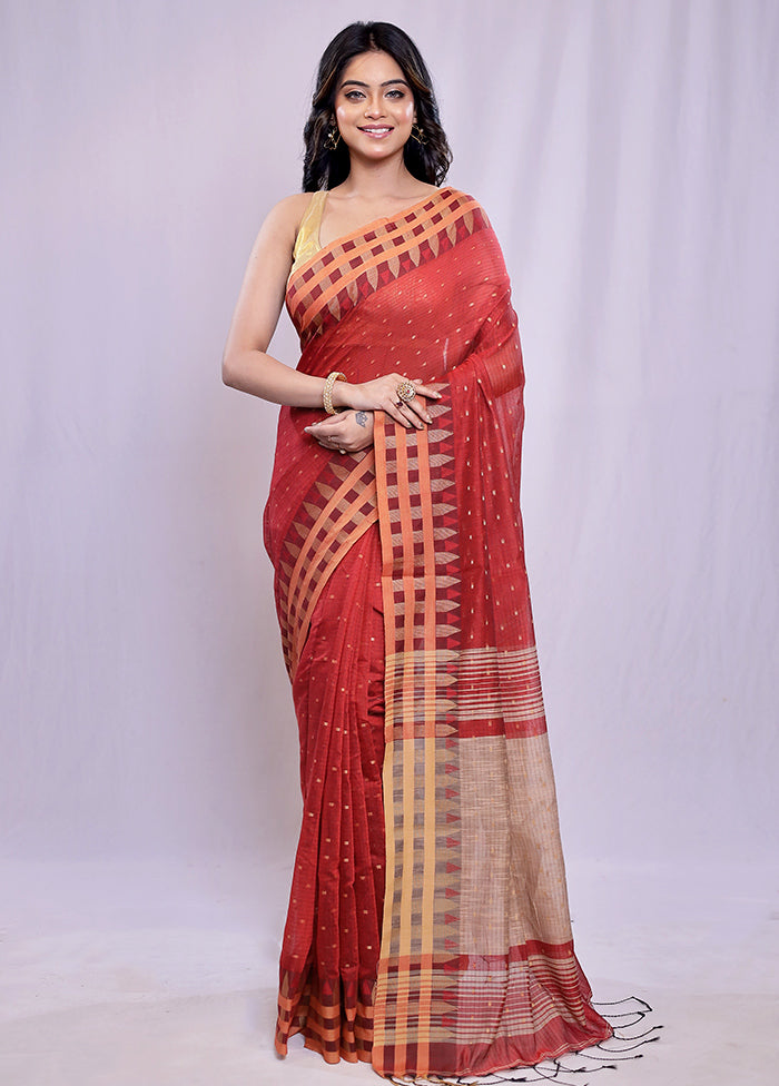 Red Khadi Cotton Saree With Blouse Piece - Indian Silk House Agencies