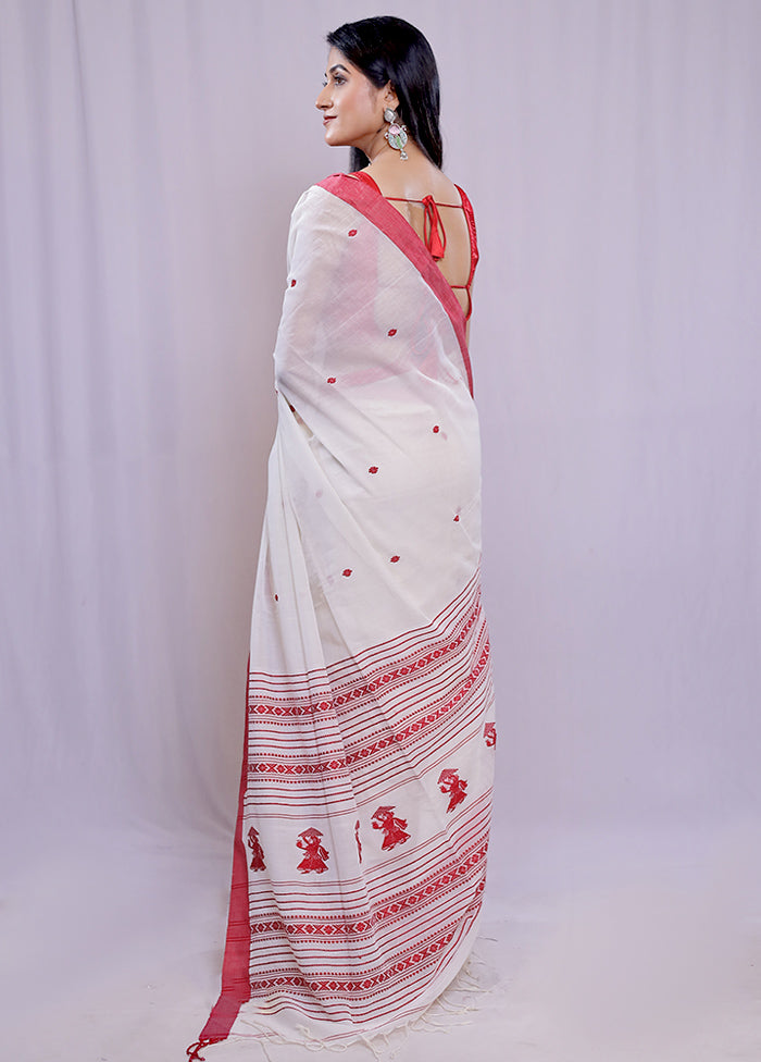 White Khadi Cotton Saree With Blouse Piece - Indian Silk House Agencies