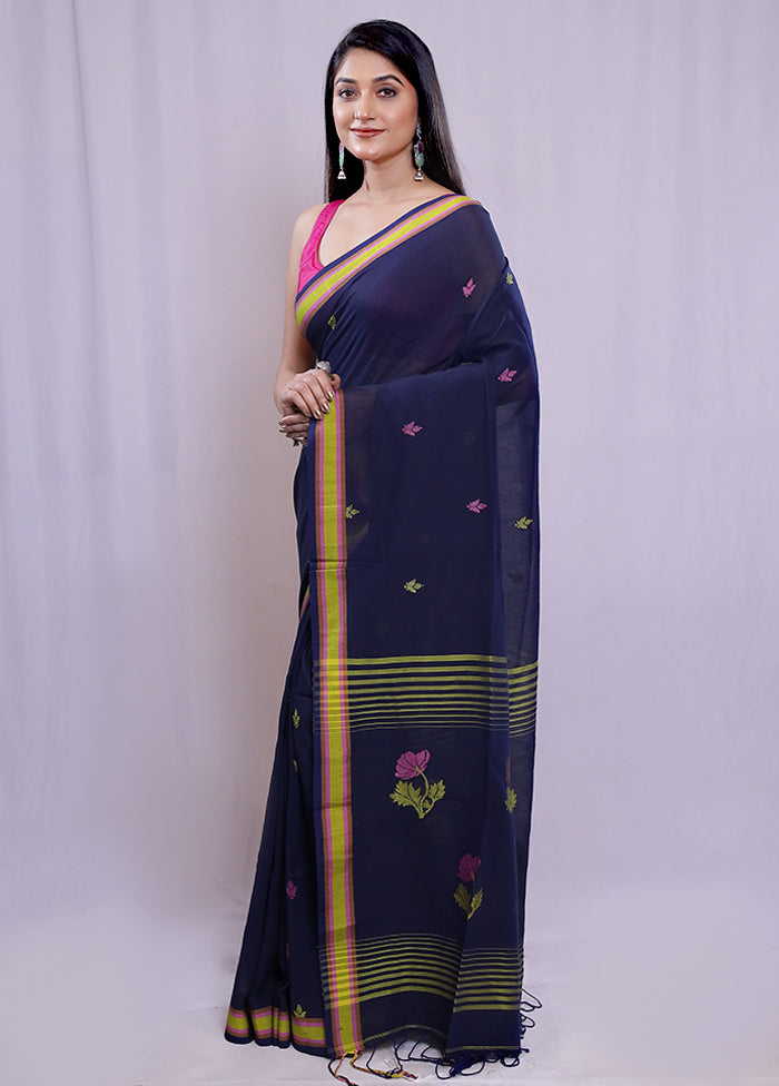 Blue Khadi Cotton Saree With Blouse Piece - Indian Silk House Agencies