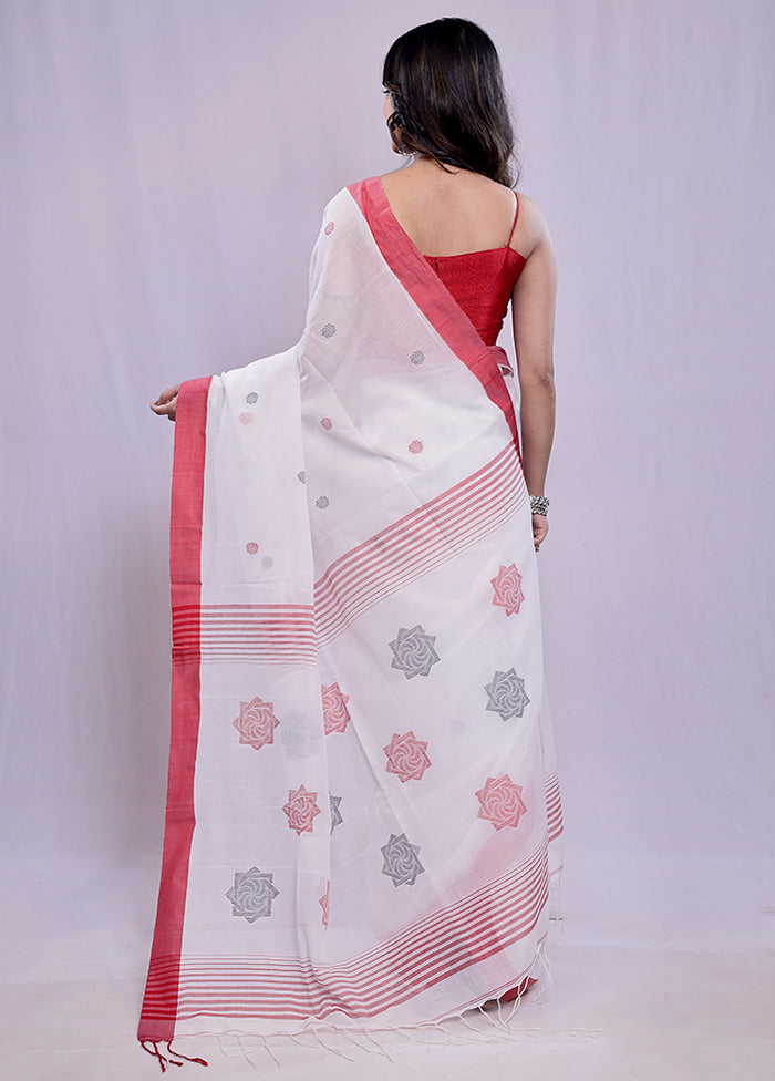 White Khadi Cotton Saree With Blouse Piece - Indian Silk House Agencies