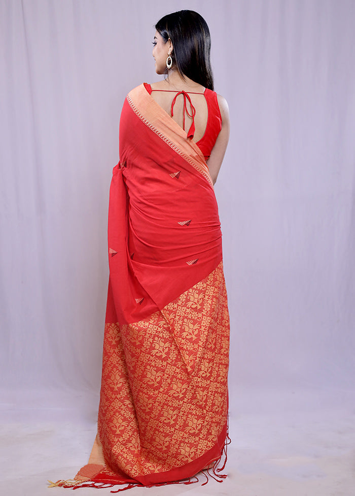 Red Khadi Cotton Saree With Blouse Piece - Indian Silk House Agencies