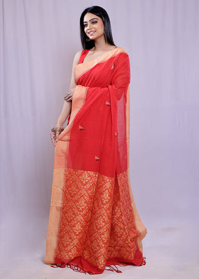 Red Khadi Cotton Saree With Blouse Piece - Indian Silk House Agencies