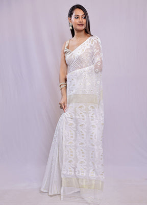 White Tant Cotton Saree Without Blouse Piece - Indian Silk House Agencies