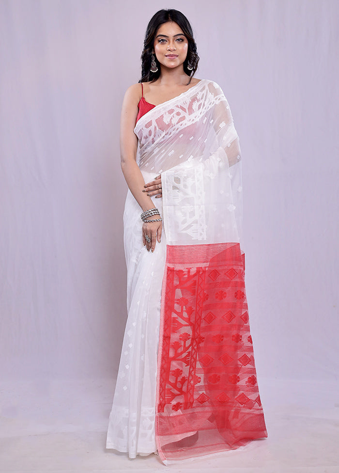 White Tant Cotton Saree Without Blouse Piece - Indian Silk House Agencies
