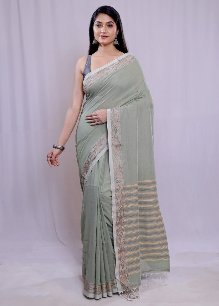 Green Khadi Cotton Saree With Blouse Piece - Indian Silk House Agencies