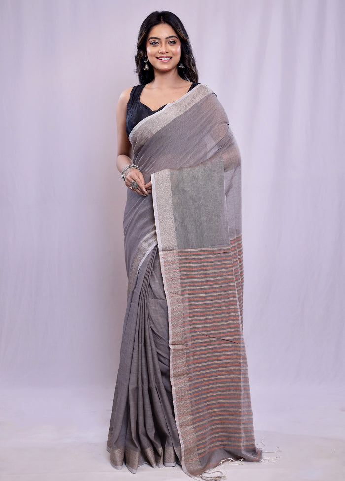 Grey Khadi Cotton Saree With Blouse Piece - Indian Silk House Agencies