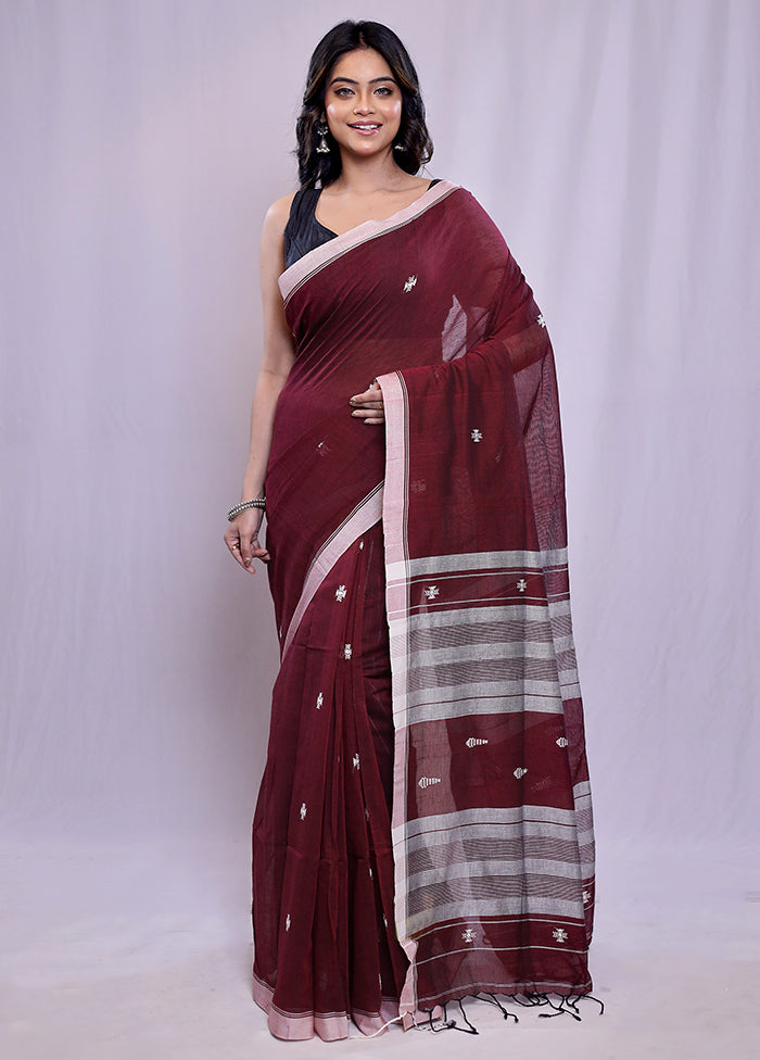 Maroon Khadi Cotton Saree With Blouse Piece - Indian Silk House Agencies