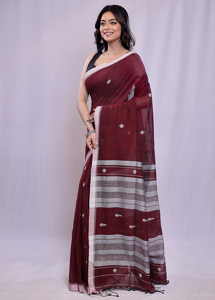 Maroon Khadi Cotton Saree With Blouse Piece - Indian Silk House Agencies