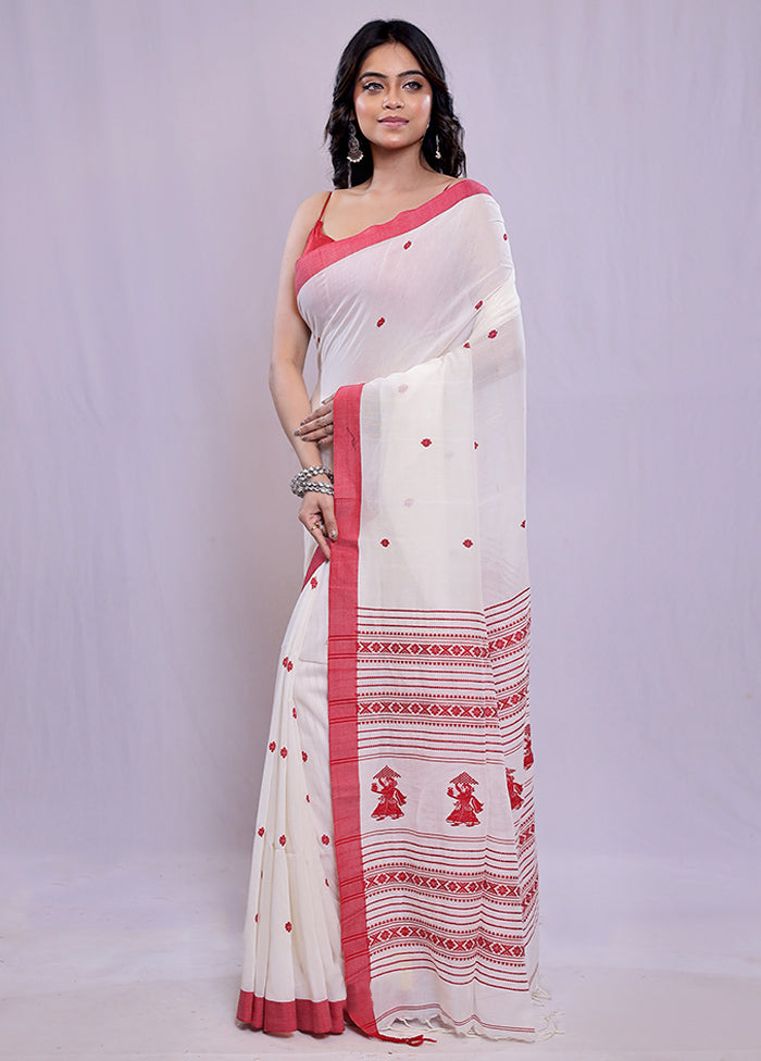 White Khadi Cotton Saree With Blouse Piece - Indian Silk House Agencies