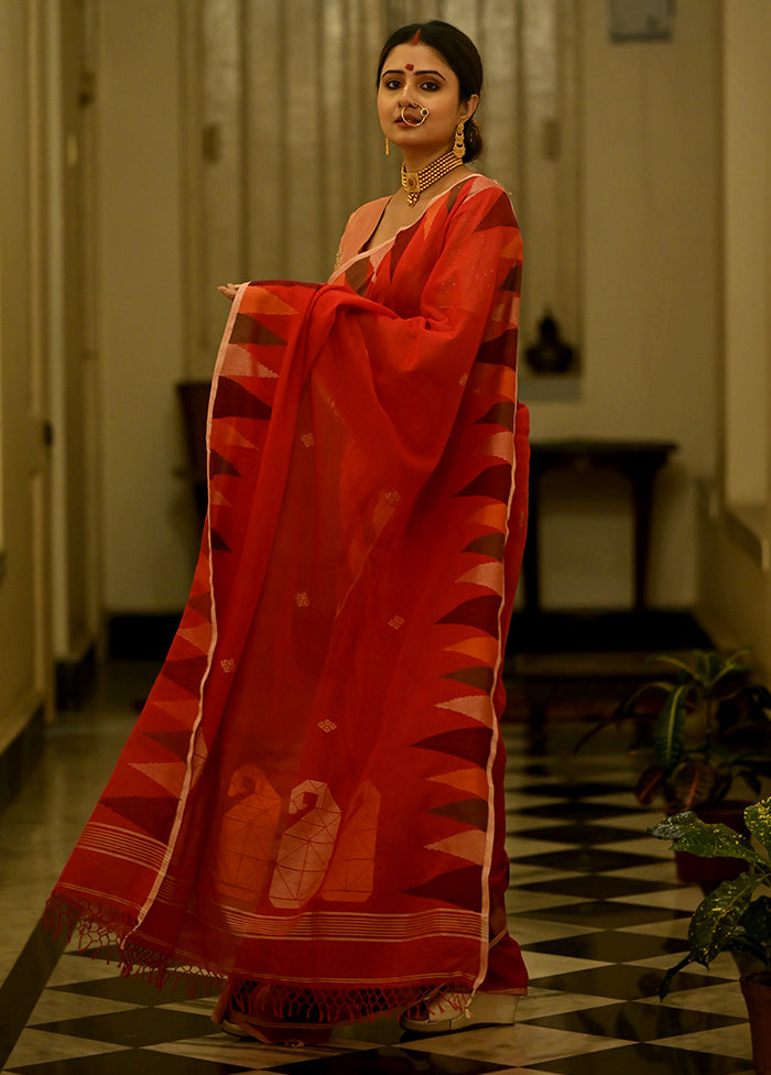 Red Khadi Cotton Saree With Blouse Piece - Indian Silk House Agencies