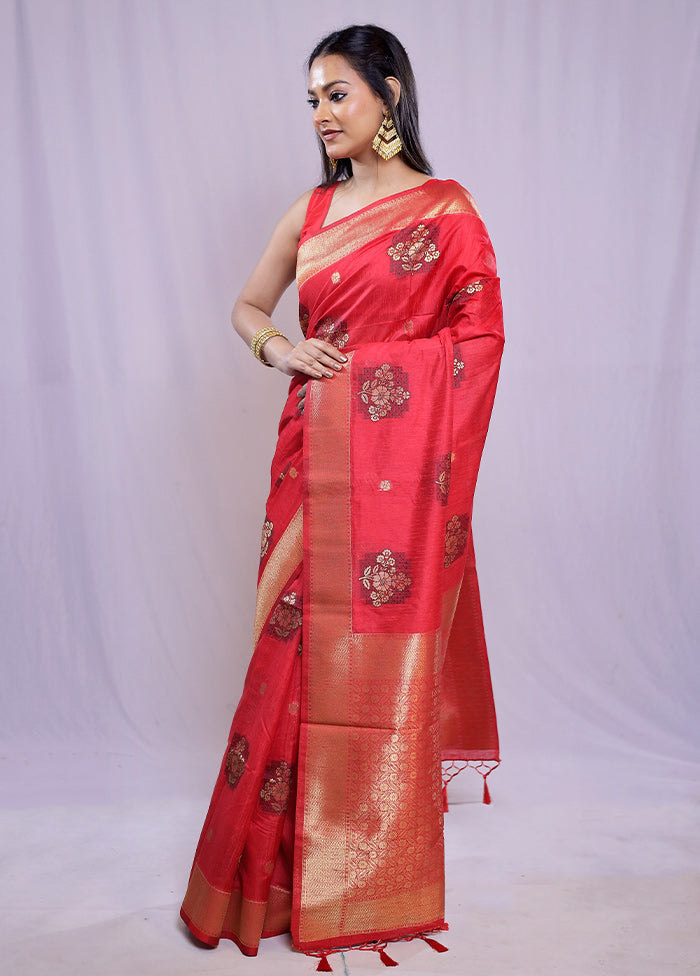 Red Dupion Silk Saree With Blouse Piece - Indian Silk House Agencies