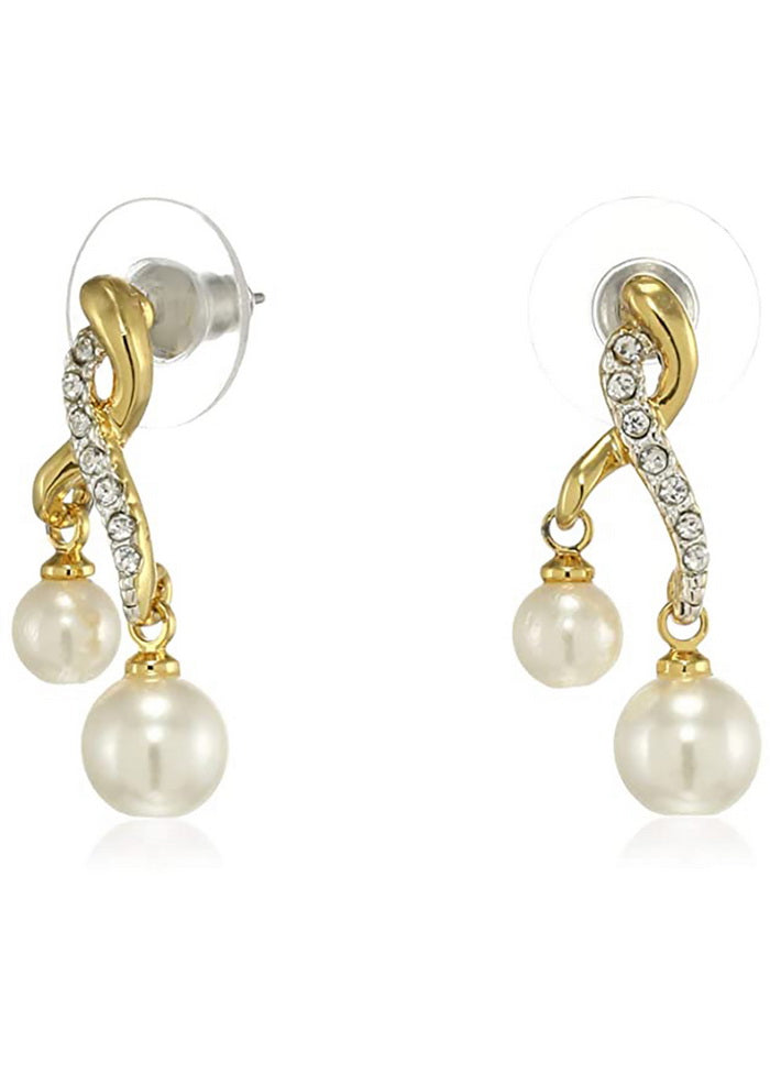 Estele 24 Kt Gold and Silver Plated Ribbon pearl Drop Earrings - Indian Silk House Agencies