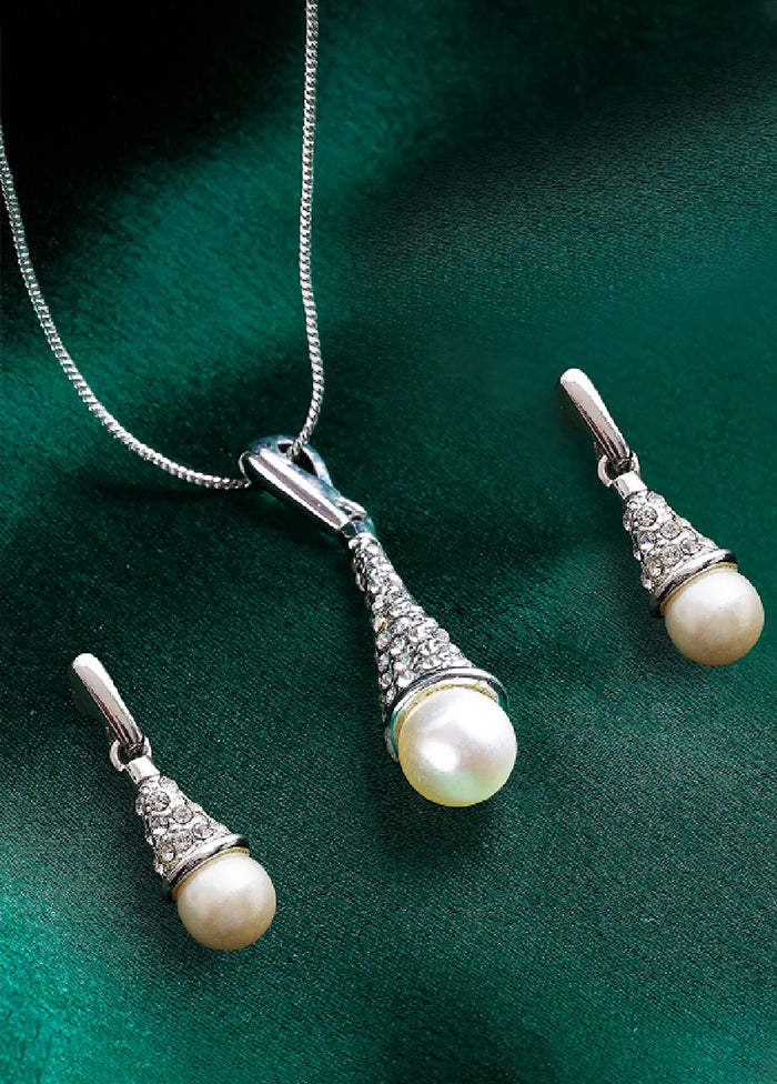 Rhodium Plated Radiance Pearl Drop Necklace Set - Indian Silk House Agencies