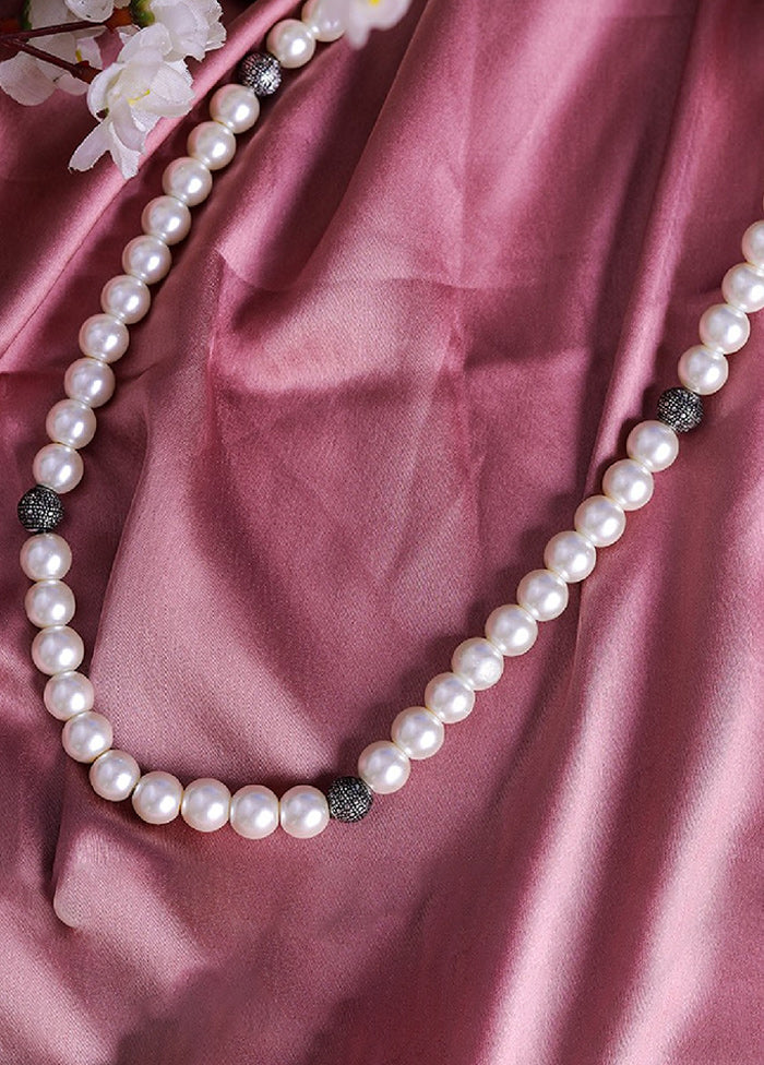 Rhodium Plated Long Single Line White Pearl String Necklace - Indian Silk House Agencies