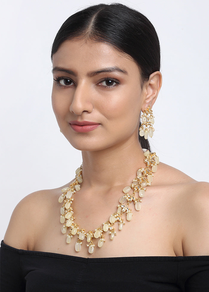 Gold Plated Kundan Jewellery Set With Off White Beads - Indian Silk House Agencies
