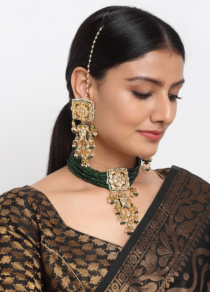Gold Plated Kundan Choker With Emerald Green Crystals - Indian Silk House Agencies