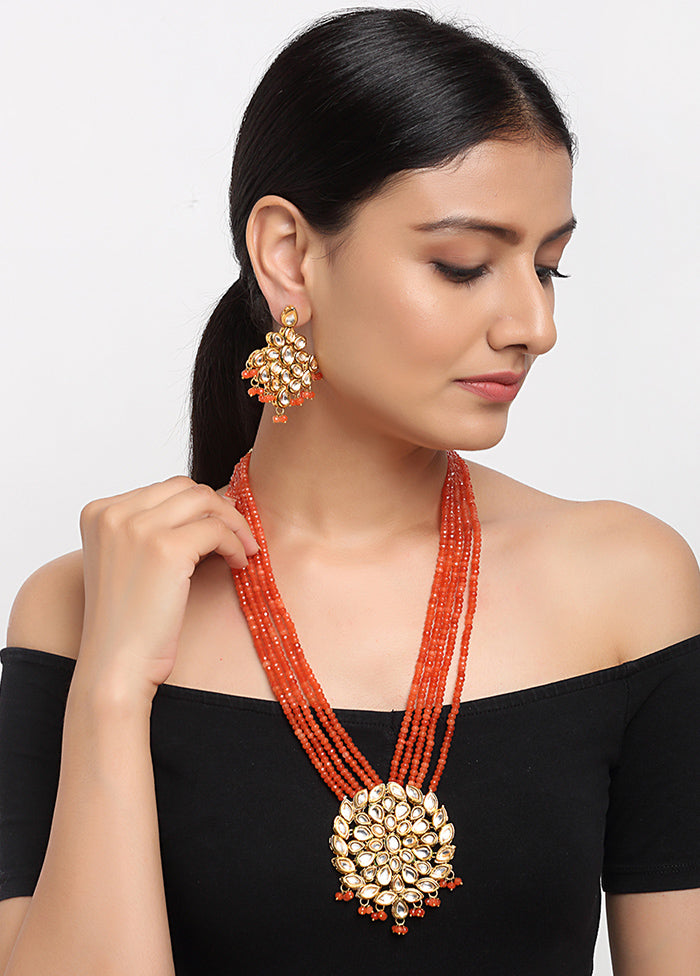 Gold Plated Kundan Jewellery Set With Orange Beads - Indian Silk House Agencies