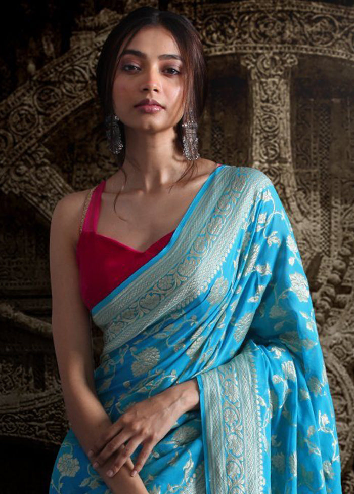 Blue Chiffon Pure Silk Saree With Blouse Piece - Indian Silk House Agencies