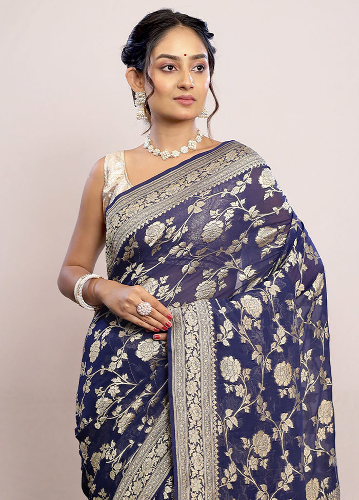 Navy Blue Chiffon Pure Silk Saree With Blouse Piece - Indian Silk House Agencies